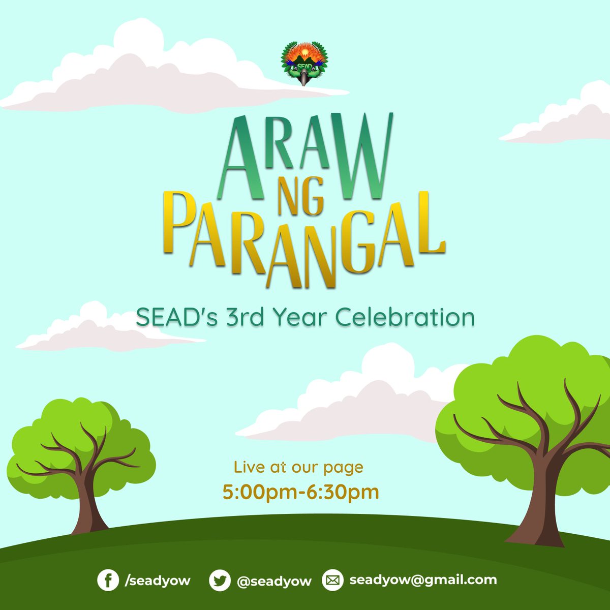 ARAW NG PARANGAL

SEAD'S 3rd Year  Celebration

Join us as we celebrate and commemorate the 3 years of SEAD. Give awards and recognitions to members and partners we have since 2019.

We will be live through thus page by 5:00pm January 21, 2022

#3SEAD
#ArawngParangal2022
