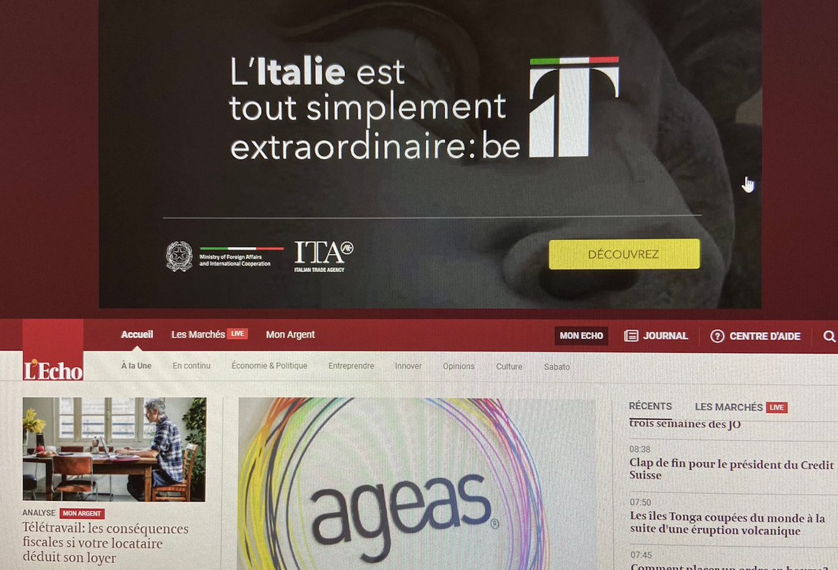 ITABruxelles's tweet photo. La campagna di nation branding oggi su L'Echo, il principale quotidiano finanziario francofono del Belgio!
🇮🇹🇧🇪🇮🇹🇧🇪
@ItalyinBelgium 
@ItalyMFA 
@ITAtradeagency 
@lecho 
#beItaly
https://t.co/ABkGxwUp6l https://t.co/3az2BXfvfj
