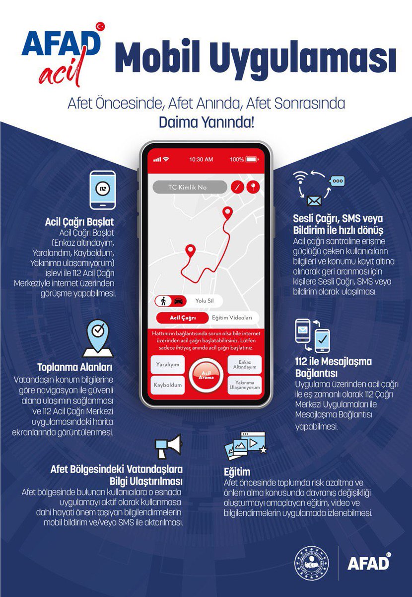 Afad_Kirikkale's tweet photo. ✅Tek Tuşla Acil Çağrı
✅En Yakın Toplanma Alanı
✅Afet Eğitim Videoları

#AFADAcil Mobil Uygulaması
AFET ve ACİL DURUMLARDA, 
HER AN ELİNİZİN ALTINDA

Telefonunuza hemen indirmek için⬇️
📲Google Play 
https://t.co/0tFy3EAVNV…

📲App Store 
https://t.co/RfKZ5MQzEk… https://t.co/p0yr4gtbry