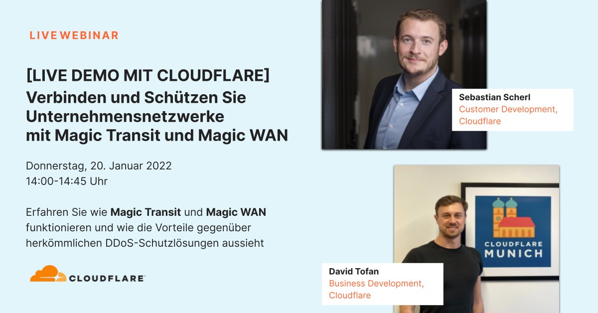 Cloudflare Magic Transit schützt ganze IP-Subnetze vor DDoS-Angriffen und beschleunigt gleichzeitig den Netzwerk-Traffic. Erfahren Sie mehr zu diesem Thema im LIVE Webinar. cfl.re/3pl74dA