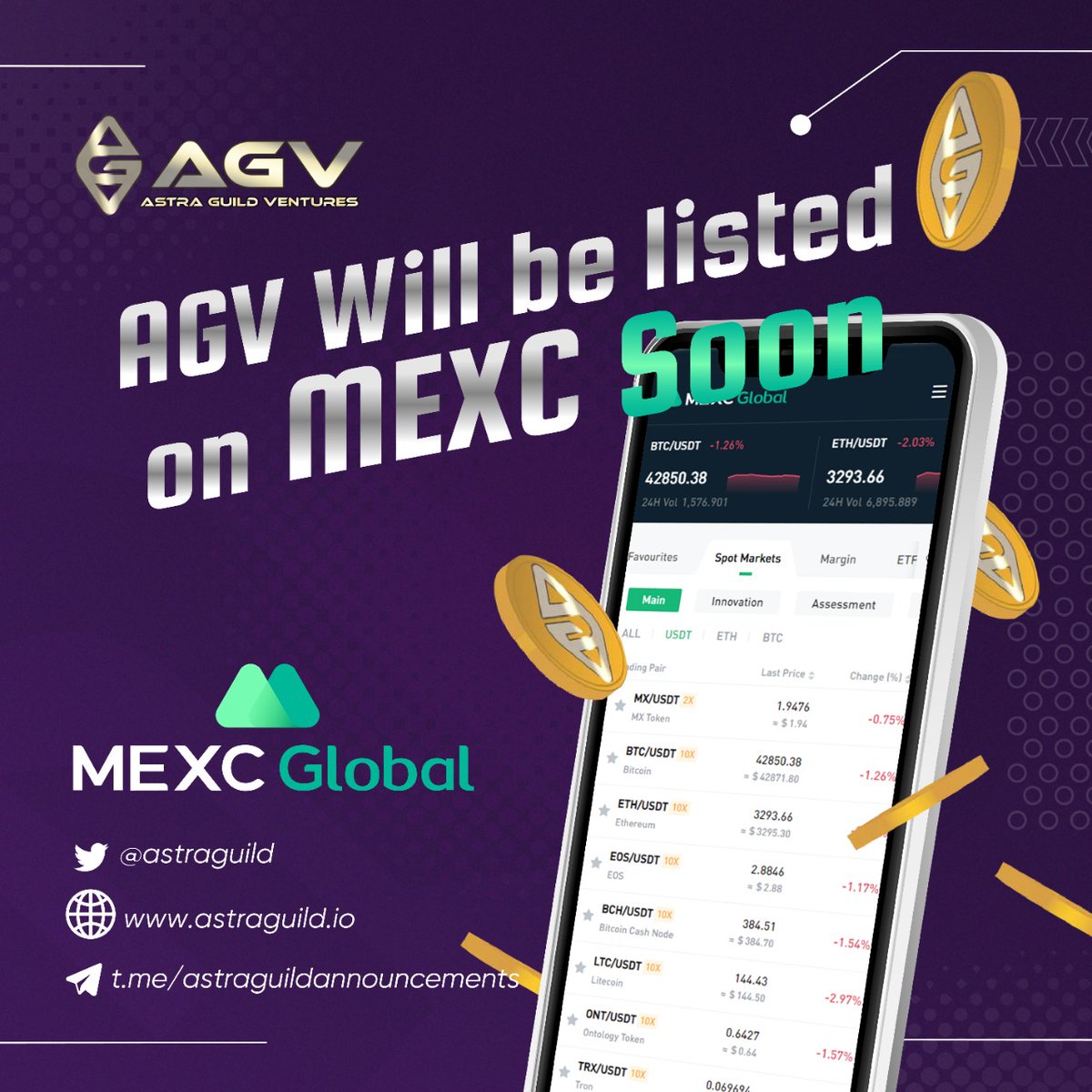 AstraGuild's tweet photo. 🚨New Listing: $AGV on MEXC Exchange Soon!

😇We're happy &amp; excited to announce that one of the leading exchanges @MEXC_Global will list #AGV Tokens under the trading pair AGV | USDT

✅Deposits &amp; Withdrawals: Support ERC20 tokens
✅Estimated Trade Opening: 2022-01-18 10:00 (UTC) https://t.co/z3mC20JaLk