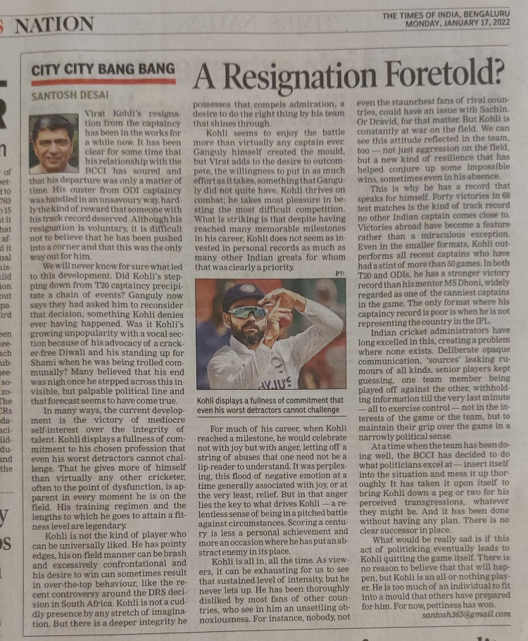 The victory of mediocre self-interest over the integrity of talent. On Virat Kohli’s resignation. In the TOI