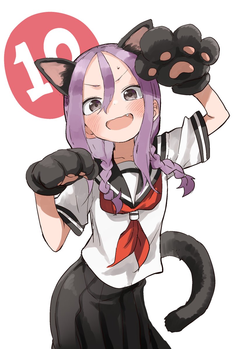 1girl solo animal ears tail cat ears purple hair school uniform  illustration images