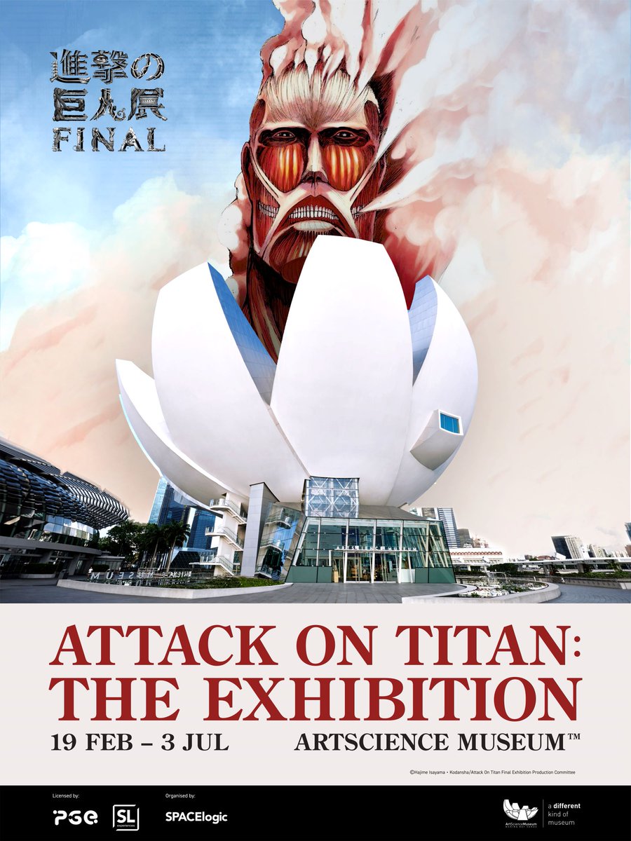 ArtSciMuseum's tweet photo. 1/2 🔥NEW EXHIBITION 🔥#ArtScienceMuseum presents Attack on Titan: The Exhibition. Opening 19 Feb 2022, step in a world where humanity’s existence is threatened by gigantic humanoids at the long-awaited Attack on Titan: The Exhibition. 

#AOTASM #AttackonTitanASM https://t.co/peTUqYWq56