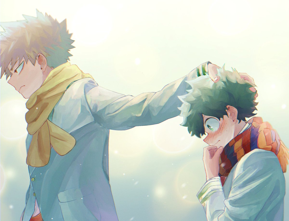 bakugou katsuki ,midoriya izuku scarf multiple boys 2boys male focus freckles green hair blonde hair  illustration images