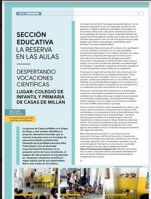 enmarcha's tweet photo. El Proyecto CITE Miss Tebas Steam del Colegio San Sebastián de Casas de Millán aparece reseñado en la revista "Reserva de la Biosfera"
Despertando vocaciones científicas.
Blog del proyecto: https://t.co/t9NbAdPK06
Revista online gratuita: https://t.co/gR4VV0EALw
#proyectosCITE https://t.co/WdKzgM1raQ
