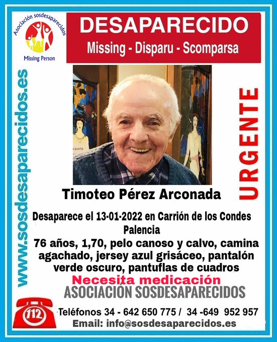 guardiacivil's tweet photo. 🆘#MuyUrgente⚠
Timoteo es un #mayor que necesita medicación y ha #desaparecido en Carrión de los Condes #Palencia
Si lo ves 
☎️062
☎️112
Dale RT🙏 https://t.co/GHopvzXWlv