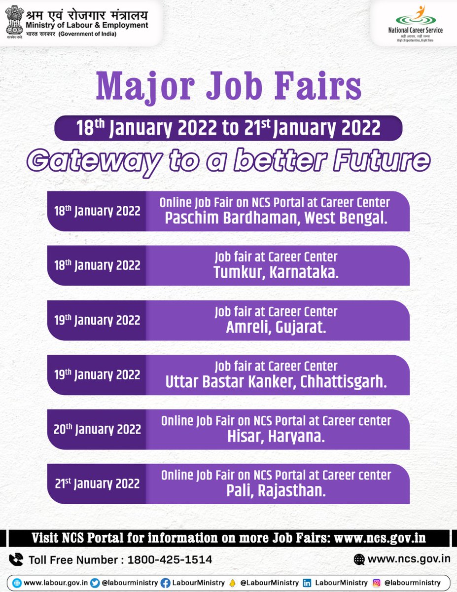 NCSIndia's tweet photo. Attend the upcoming Job Fairs on 18th January 2022 to 21st January 2022 in your nearest city.
Visit National Career Service Portal to know more:
https://t.co/SH9KxY3a9H
#NCS #NationalCareerService #NCSIndia #JobFair #Placement #MinistryofLabourandEmployment #GovernmentofIndia https://t.co/yslYtQWnLV