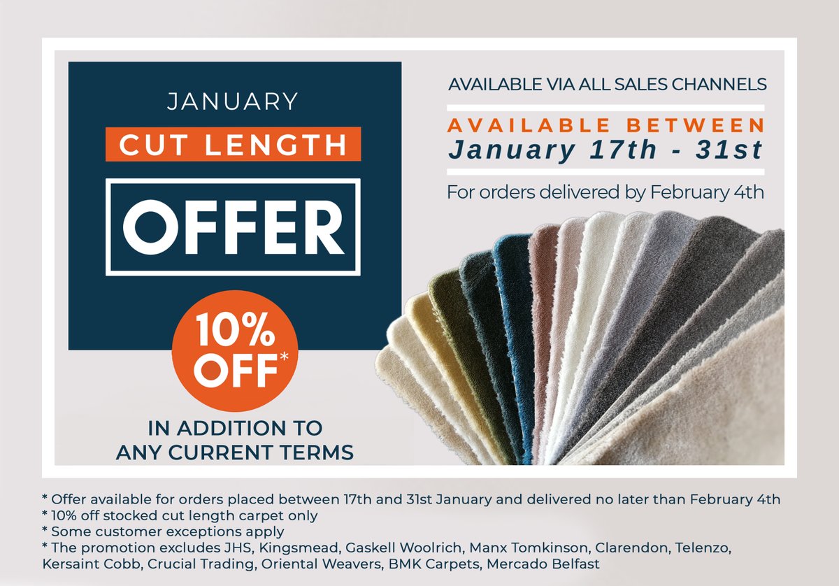Discover our cut length carpet ranges, now with 10% off! Offer available between January 17th - 31st. T&amp;Cs apply.