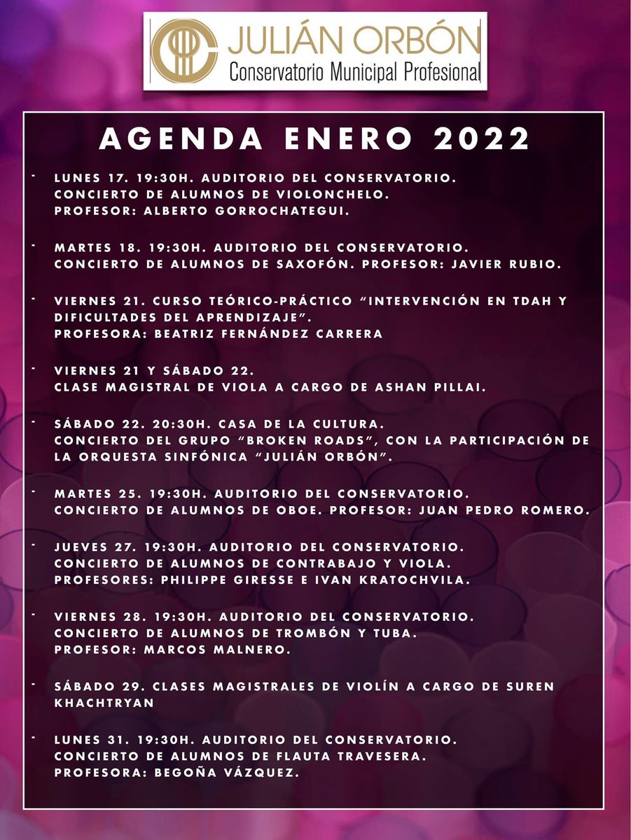 ➡️Después de las vacaciones navideñas, continuamos nuestra agenda de conciertos. Enero viene cargado de conciertos de alumnos en el Auditorio del conservatorio, además de varias clases magistrales. 🎶🎷🎻 🎵
