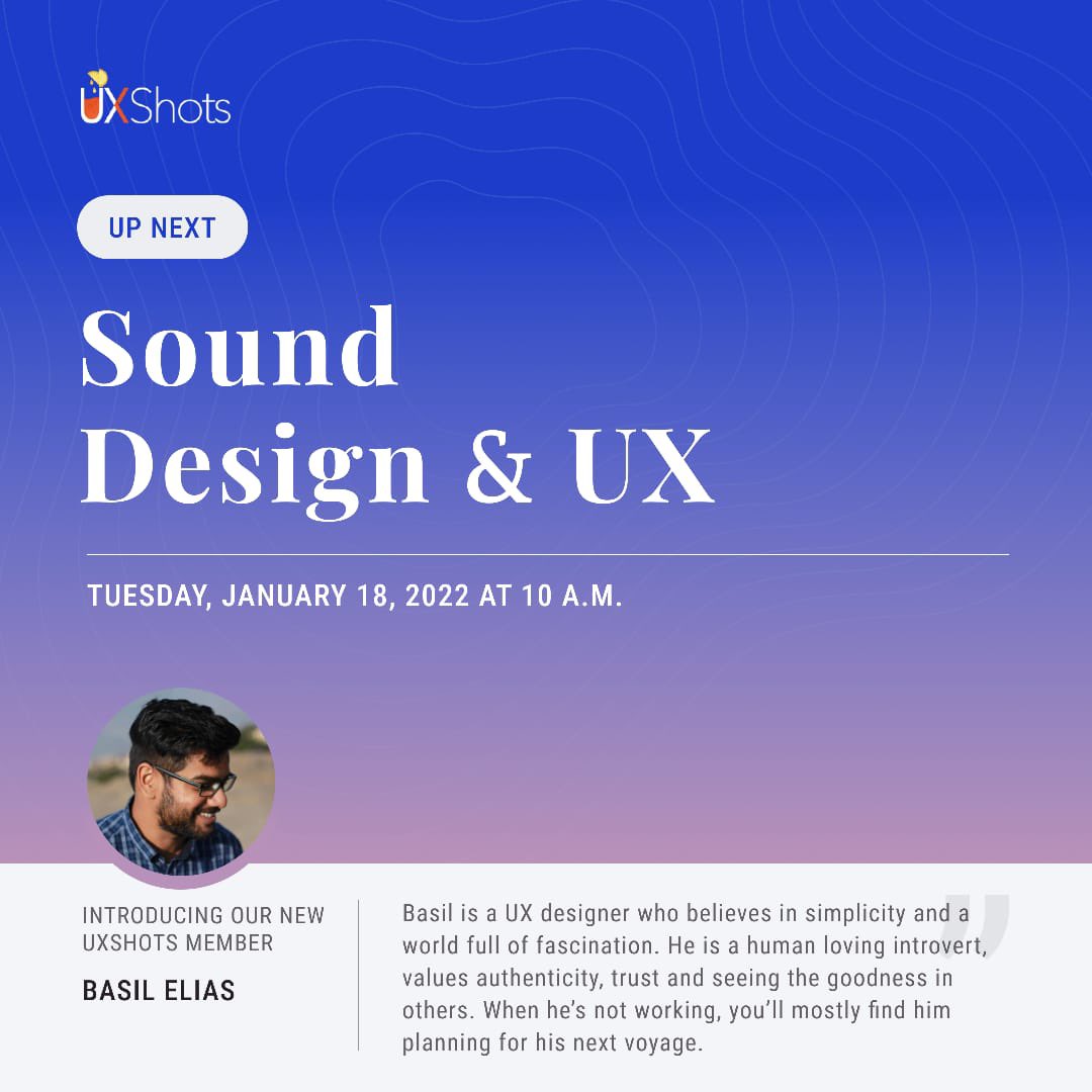 UXShotsIN's tweet photo. Folks! 

We’re excited to introduce our new member, @basilelias96.
We are extremely delighted to have you with our journey from today. Welcome aboard Basil.

Visit https://t.co/HqIzPC9iN5 tomorrow at 10 A.M.(IST) to read the article by Basil on Sound Design &amp; UX. https://t.co/g2uObN2vtl