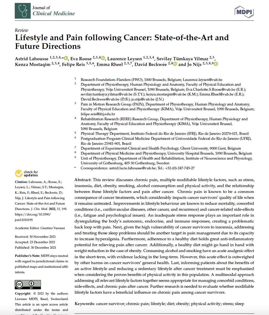 New paper out! Review about the impact of lifestyle factors in cancer survivors and their impact on chronic pain. <a href="/MDPIOpenAccess/">MDPI</a> <a href="/VUBrussel/">VUB</a> #FWOvlaanderen #chronicpain #pain #cancersurvivors #lifestyle #healthy 

Full text: mdpi-res.com/d_attachment/j…