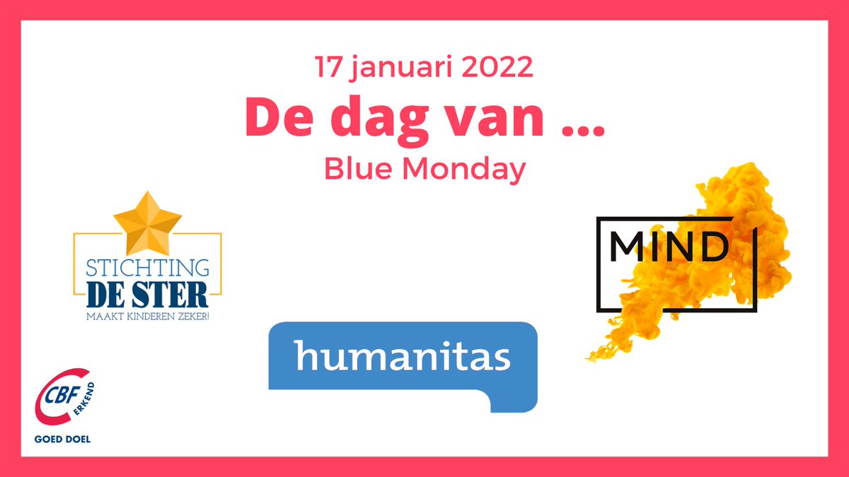 Vandaag is het Blue Monday. Deze dag wordt gezien als de meest deprimerende dag van het jaar. O.a. <a href="/wijzijnmind/">MIND</a>, <a href="/HumanitasNL/">Humanitas</a> en Stichting De Ster zetten zich in voor de mentale gesteldheid van mensen. Ga voor meer informatie over deze #ErkendeGoedeDoelen: cbf.nl/register-goede…
