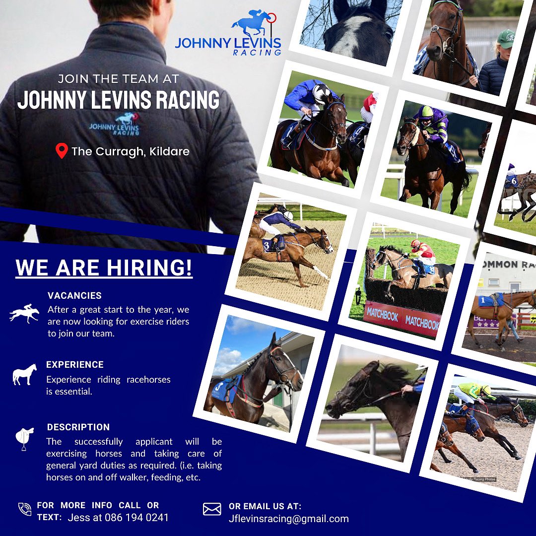 JFLevinsRacing's tweet photo. 📢WE STILL HAVE POSITIONS AVAILABLE📢 Exercise riders get in touch today to join our team, we’d love to hear from you! 👇🏼 #position #irishracingjobs #jobfairy #workinracing #exerciserider https://t.co/kzyl9jNSr9