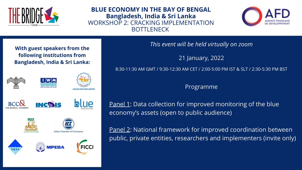 Join us on Friday for the second #workshop, in a series of three, co-hosted by <a href="/TheBridgeTank/">The Bridge Tank</a>  and <a href="/AFD_France/">Agence Française de #Développement (AFD) 🇫🇷 🇪🇺</a>, on #blueeconomy in the #BayofBengal (#Bangladesh #India #SriLanka). Register here: eventbrite.co.uk/e/workshop-blu…
#ocean #biodiversity #bluecarbon #IndoPacific #data