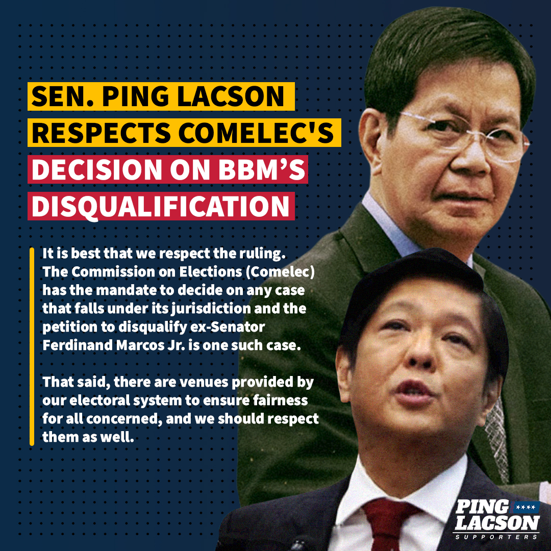 teamping2022's tweet photo. Inirerespeto ni Sen. Ping Lacson ang desisyon ng COMELEC na ibasura ang petisyon na inihain ng mga biktima ng Martial Law, na naglalayong kanselahin ang Certificate of Candidacy ni dating senador Bongbong Marcos.

#PingLacson2022 #Halalan2022 #COMELEC #BBM https://t.co/5v1WilgzCV