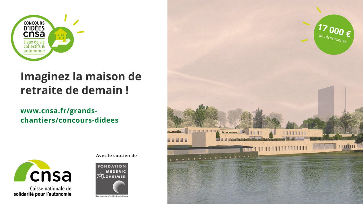 CNSA_actu's tweet photo. #PrixCNSA | Imaginez la maison de retraite de demain ! Étudiants en #architecture, en #médecine et en soins #infirmiers : proposez votre projet jusqu’au 4 avril 2022.

Pour en savoir plus 👉https://t.co/HvpoTkYyOz https://t.co/YUlIpjpP9t