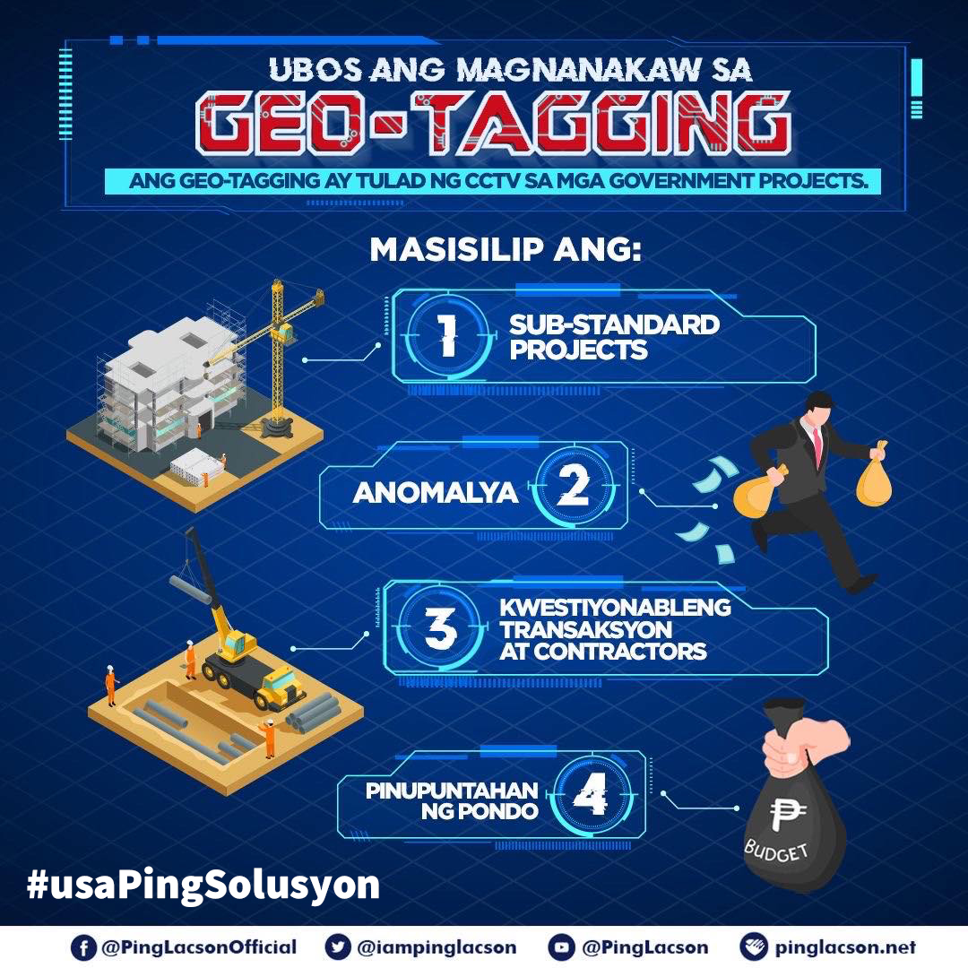 teamping2022's tweet photo. Sa pamamagitan ng Geo-tagging, masisilip na ng publiko ang mga proyekto ng gobyerno at ang pinupuntahan ng pondo ng bayan. Ito ang target na ipatupad ni Ping Lacson sa lahat ng transaksyon ng gobyerno para madaling matukoy kung nagagamit nang maayos ang buwis ng taumbayan. https://t.co/pvFhv0r8ik