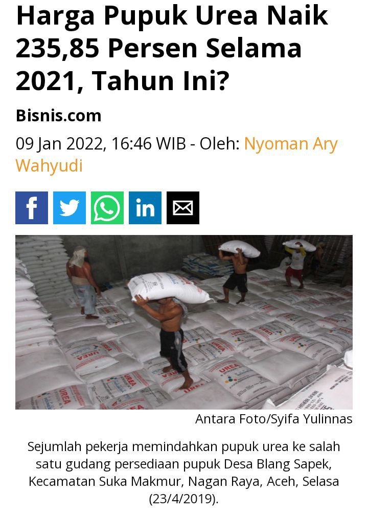 Parah ‼️
Harga Pupuk Urea Naik 235,85 Persen Selama 2021, Tahun Ini berapa ⁉️

#MurahinKebutuhanPokok  ‼️
#MurahinKebutuhanPokok  ‼️