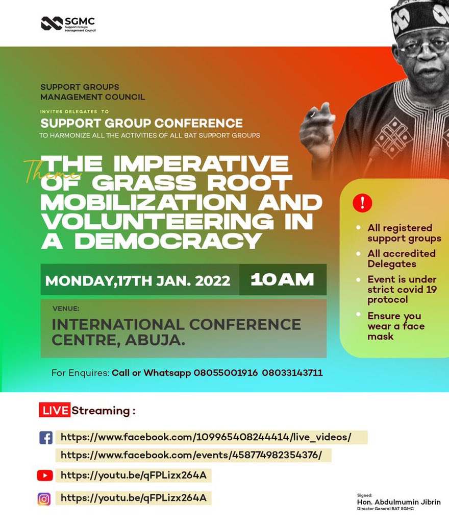Youth4Tinubu's tweet photo. The Bola Ahmed Tinubu (BAT) Support Group Management Council, holds its conference today, at the International Conference Center, ICC, Abuja. 

Join the #TheBATSupportSummit live 

YouTube; https://t.co/foi8Y9s6rr

Facebook; https://t.co/K6ggqI7f6O

https://t.co/n3dxA6HRxD https://t.co/rTkch9QkFn