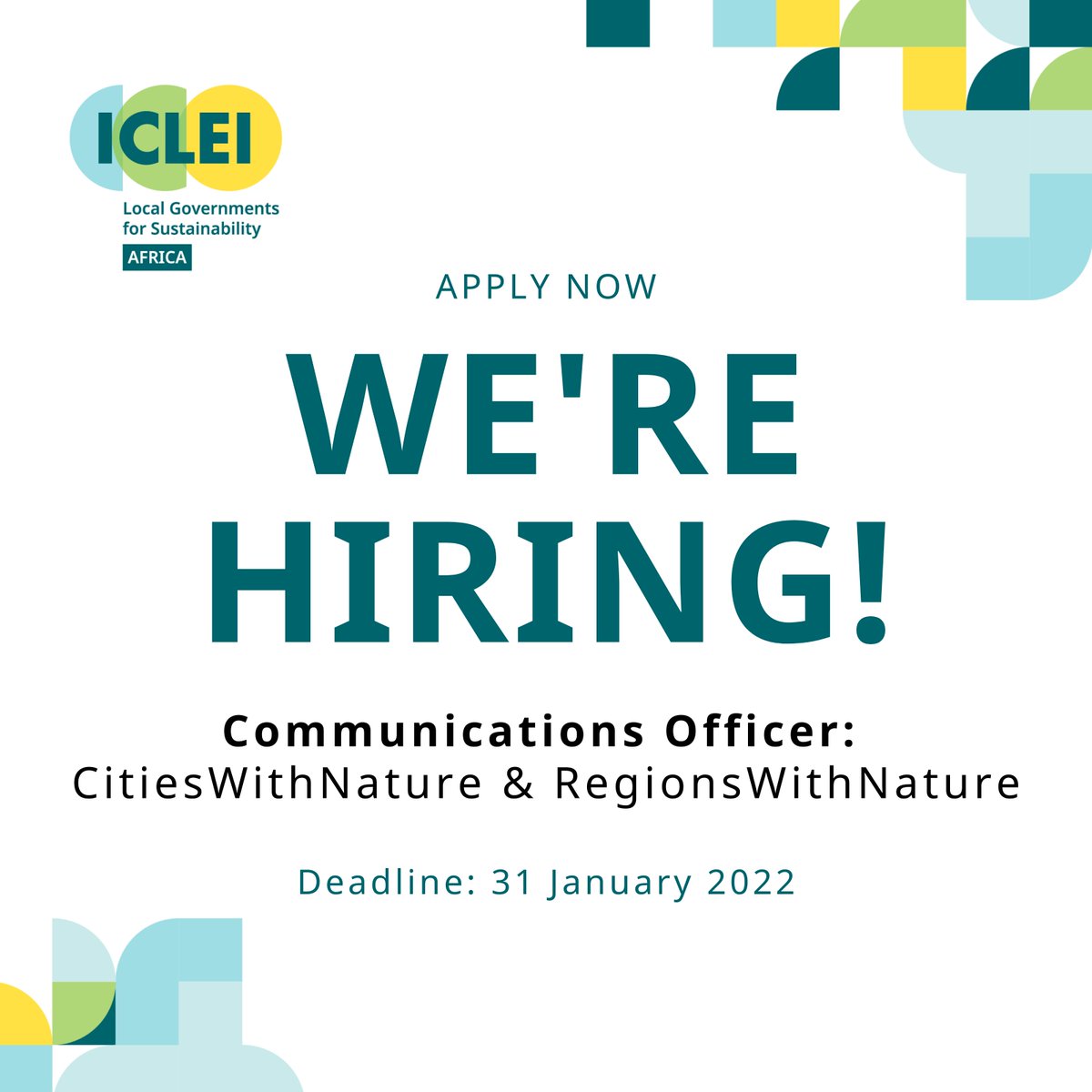 ICLEIAfrica's tweet photo. Our team is growing! Are you passionate about urban #sustainability in #Africa? 

We are looking for a creative, multi-talented Communications Officer, who is passionate about
nature, cities and people!

Apply now: https://t.co/7hCxWP7rqU #NGOJobs #GreenJobs #NatureCommunication https://t.co/s2T8unqMEp