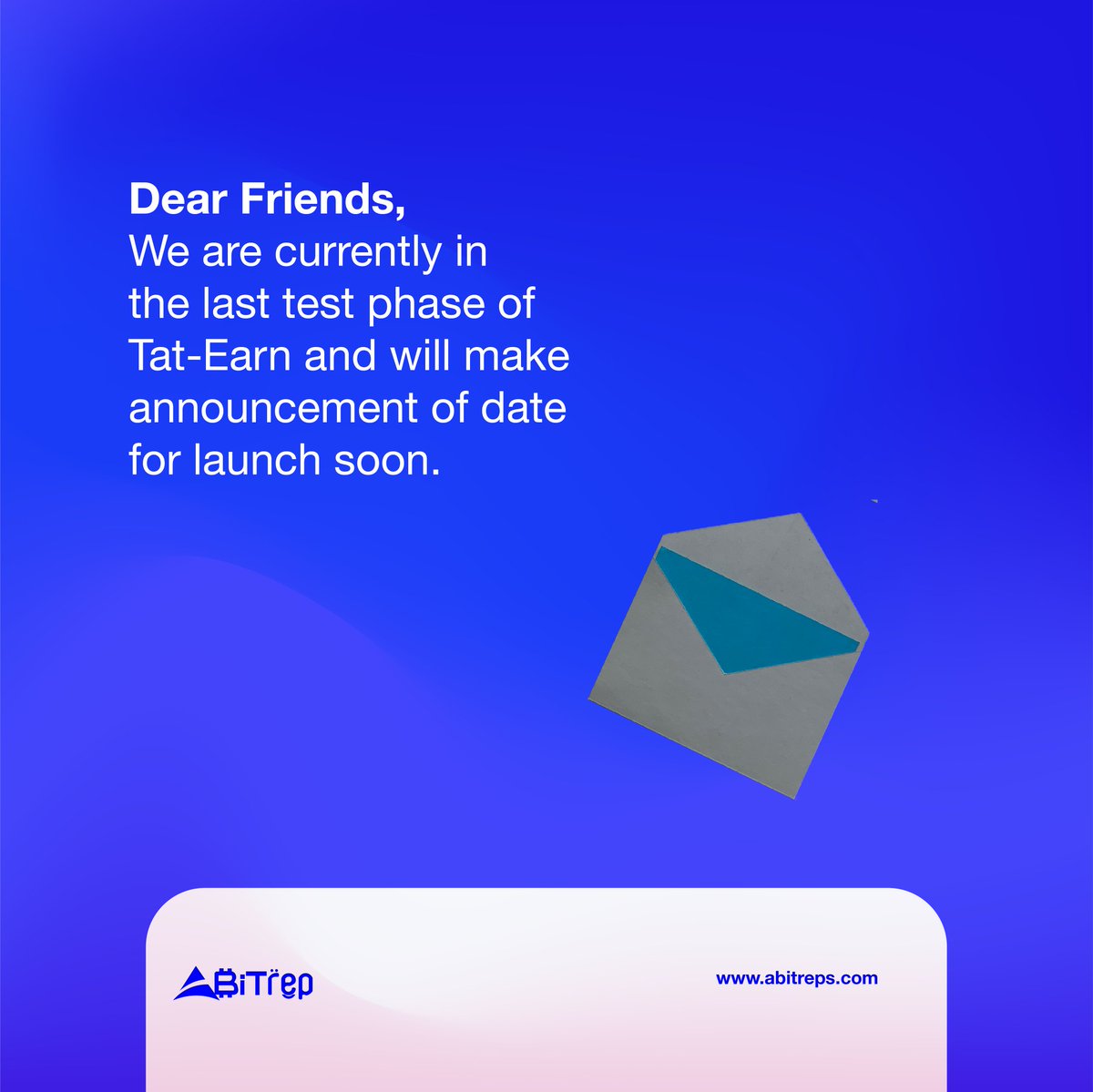 Dear Tatas, 

We are currently in the last test phase of Tat-earn and will make the announcement of the date for launch soon.

Anticipate‼️

#abitreps #Tatcoin #TXT #DeFi