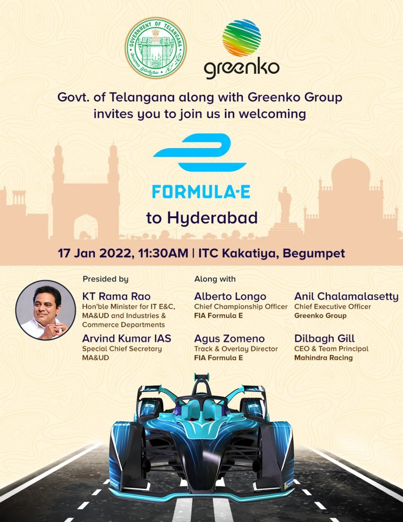 Arvind Kumar (@arvindkumar_ias) on Twitter photo A tripartite Letter of Intent (LOI) got signed today between <a href="/FIAFormulaE/">Formula E</a>, #Greenco & Govt of #Telangana in the presence of @KTRTRS thereby making #Hyderabad as the only city in India to be hosting FormulaE racing !
Thanks <a href="/dilbagh_gill/">Dilbagh Gill</a> <a href="/MahindraRacing/">Mahindra Racing</a> for making it happen A tripartite Letter of Intent (LOI) got signed today between <a href="/FIAFormulaE/">Formula E</a>, #Greenco & Govt of #Telangana in the presence of @KTRTRS thereby making #Hyderabad as the only city in India to be hosting FormulaE racing !
Thanks <a href="/dilbagh_gill/">Dilbagh Gill</a> <a href="/MahindraRacing/">Mahindra Racing</a> for making it happen