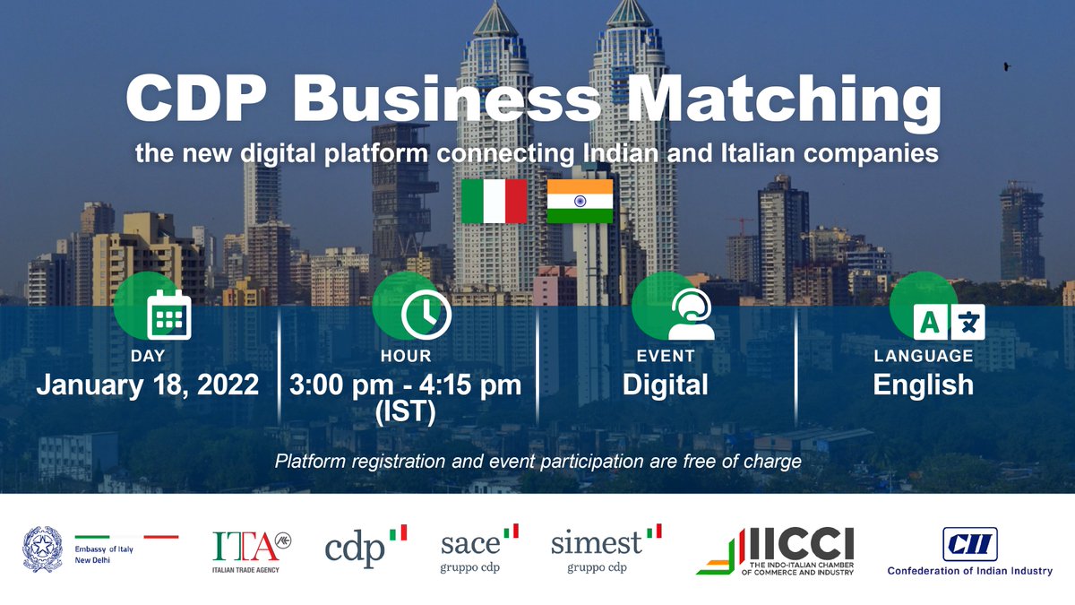 🇮🇹🤝🇮🇳 Join us Tuesday #18thJanuary for the presentation event "CDP #BusinessMatching: the new digital platform connecting Indian and Italian companies".

✍️ Register here: bit.ly/CDPbusinessmat…