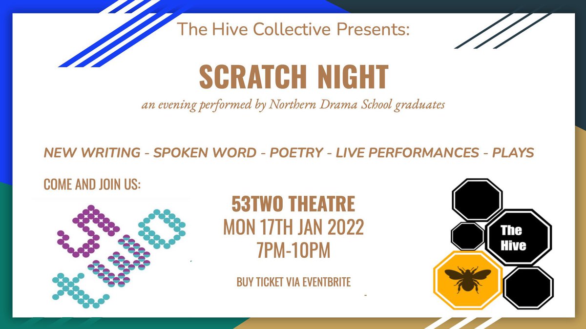 53two's tweet photo. Tonight we welcome #HiveCollective to the arches for their #ScratchNight. Delighted to have been able to support this team of graduate #Northern #actors as a part of our charitable activity. Just 15 tickets left for just £1! Come support 💜💙 ➡️ https://t.co/848y745mDB #Mcr https://t.co/Zw9VkuGQhD