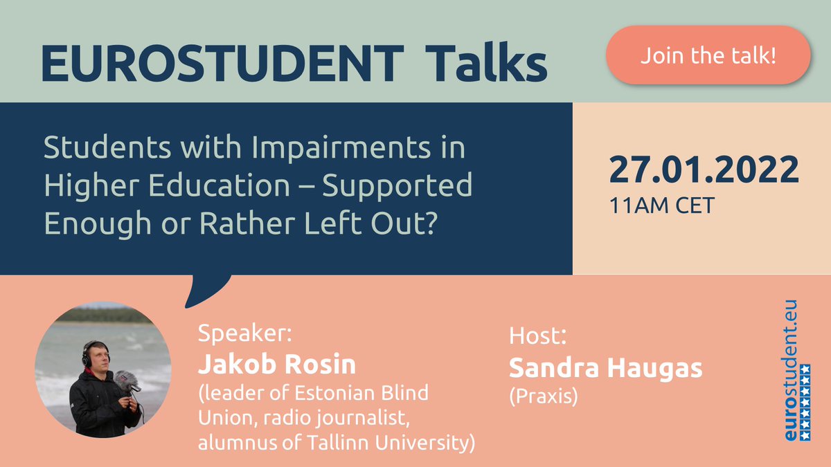 In 2022 we are continuing with our #EUROSTUDENTTalks webinars. This month we'll focus on students with impairments and their experiences in the #highereducation. Join us on the 27th of January at 11CET! bit.ly/3qm944A