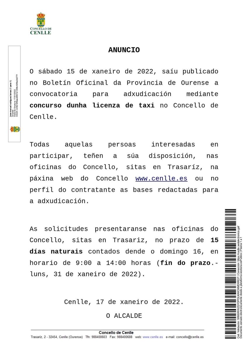 cenlle's tweet photo. BASES E CONVOCATORIA QUE REXEN A ADXUDICACIÓN, MEDIANTE CONCURSO, DE LICENZA DE TAXI NO CONCELLO DE CENLLE.

Máis información: https://t.co/kvF3IJb9mX https://t.co/EjiKwCANwu
