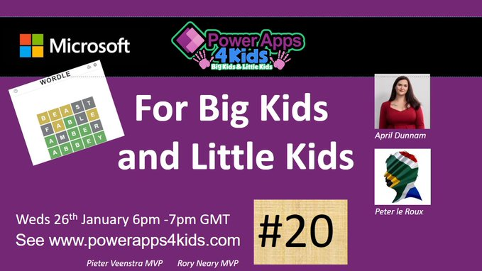 AzureRory's tweet photo. PowerApps4Kids session incoming with @aprildunnam showing her app that mimics #wordle and @peterleroux with a deeply fascinating app that allows people to have conversations about tricky topics like religion and politics.  @PieterVeenstra @MichelleWongNL 
https://t.co/yt2bta4Rzq https://t.co/ZjpQhi9XGu