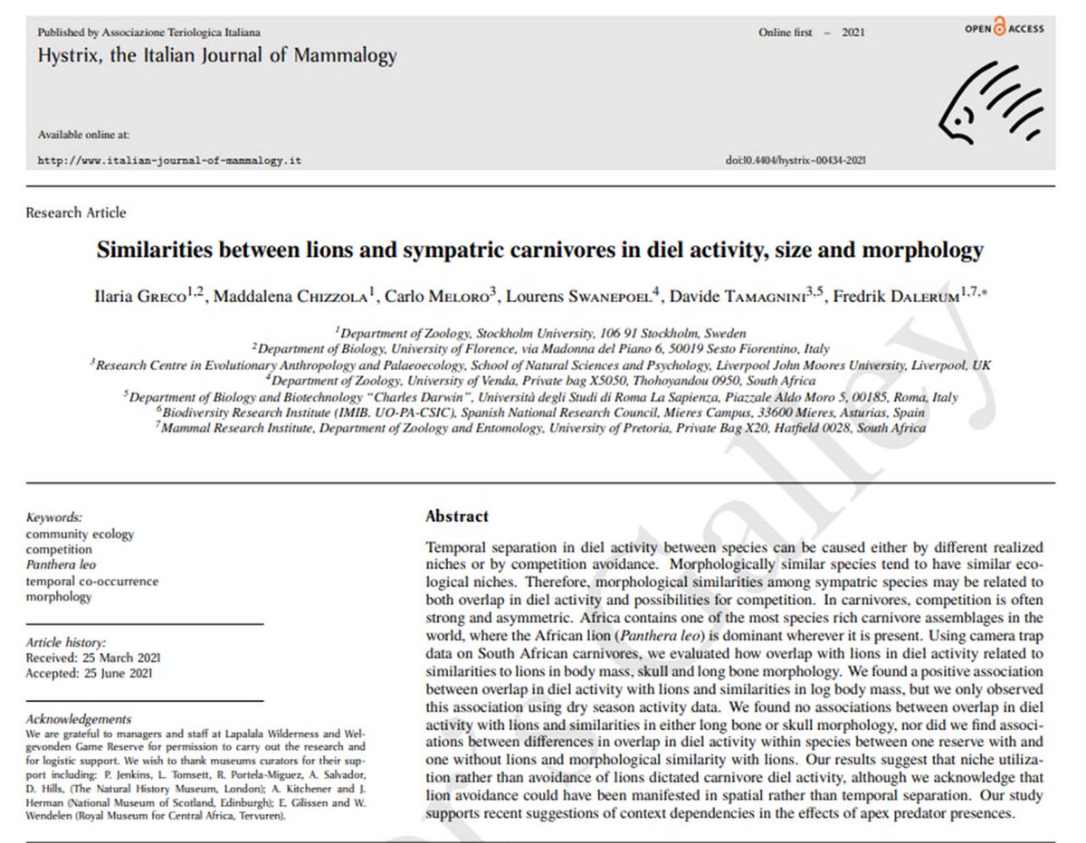 "Similarities between lions and sympatric carnivores in diel activity, size and morphology", de Greco, Chizzola,  Meloro, Swanepoel, Tamagnini &amp; Dalerum en Hystrix, 
doi.org/10.4404/hystri…
