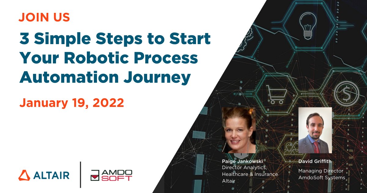 AmdoSoft's tweet photo. Don't miss our webinar with @Altair as we demonstrate how data preparation tools perfectly complement RPA initiatives to free up your human capital and prevent lost revenue.
Save your seat today: https://t.co/bUz3dare3S
#RPA #RevenueCycle #Healthcare #Automation #AltairPartner https://t.co/3oArtFm75B