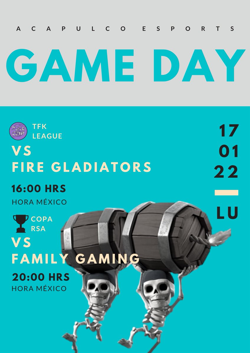 SA_Esports1's tweet photo. -Doble Jornada- 

🏆 l @LeagueTFK 
🆚 l @FireGladiators 
🕓 l 16:00 HRS
📍 l Jornada 1

🏆 l #CopaRSA 
🆚 l @FamilyGamingGG 
🕓 l 20:00 HRS
📍 l 3ra. Ronda

#QueCrezcaElMar🌊 https://t.co/klOnTX73z8