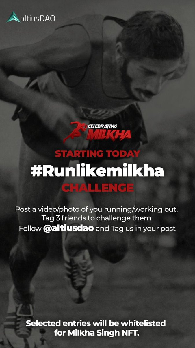AltiusDAO's tweet photo. Starting today - #RunLikeMilkha Challenge
Reply with a video/post of you running or working out, selected entries will get an NFT drop of Legend Milkha Singh.
#iammilkha #celebratingmilkha #nftcollector #NFTs @_PolygonStudios @0xPolygon @Polygon_Space1 @JeevMilkhaSingh https://t.co/T0kFvx9Ef5