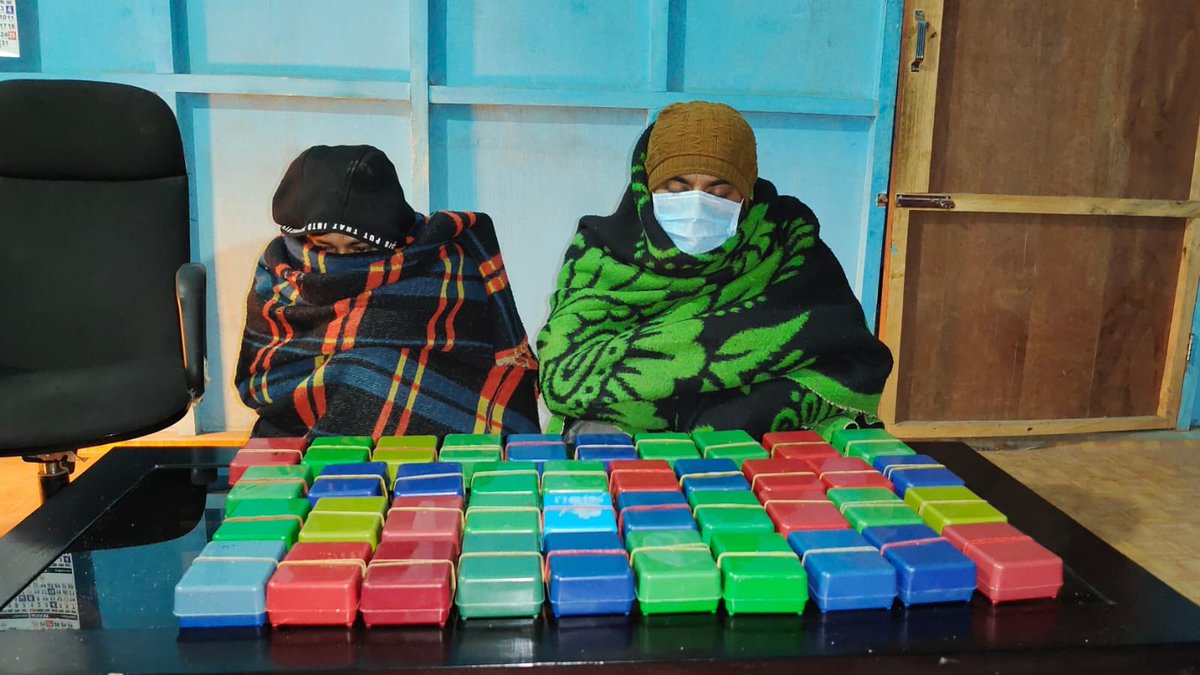 NBirenSingh's tweet photo. Another major blow for the drug cartels operating in Manipur from across the border.

The Manipur Police have arrested two drug peddler along with 40 soap cases of heroin powder. 

The State Govt’s effort under ‘War on drugs’ have been giving sleepless nights to the drug cartels. https://t.co/cOjbbMYpnB