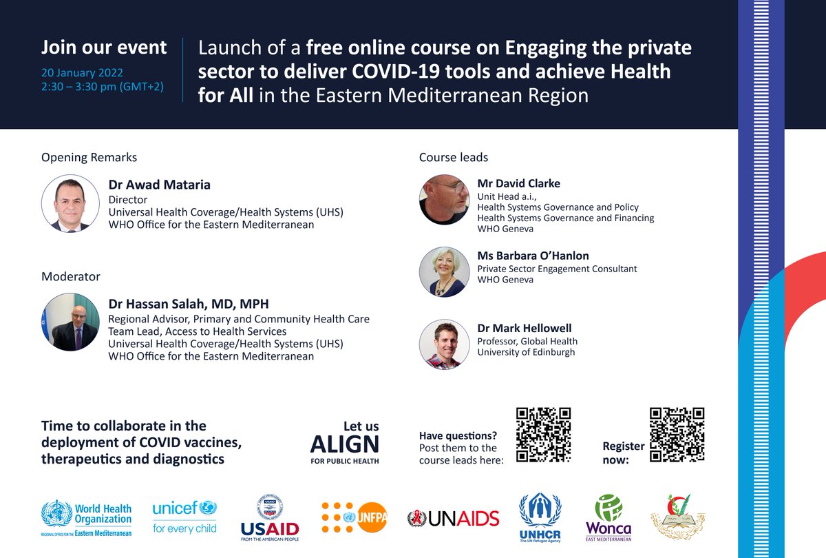 The <a href="/WHO/">World Health Organization (WHO)</a>  with <a href="/WHOEMRO/">WHO Regional Office for the Eastern Mediterranean</a> are launching the 1st online course on “Engaging the private sector to deliver #COVID19 tools &amp; achieve #HealthForAll” for everyone working towards Universal Health Coverage &amp; #HealthSecurity
 
Join our webinar on 20 Jan: who.zoom.us/webinar/regist…