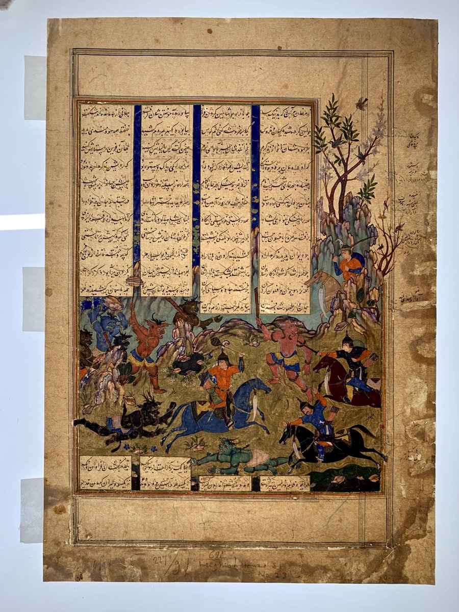 iamkristinesr's tweet photo. This folio has had a hard life: ravaging Divs and old repairs. Wrinkles formed during couching visible in transmitted light.

@CBL_Dublin Per 256.1, Tahmuras defeats the divs, Shahnama, poss. Qazvin, Iran, c.1570-80.

#chesterbeatty #handmadepaper #BlueMonday #MeetingInIsfahan https://t.co/duLtdQl8ic