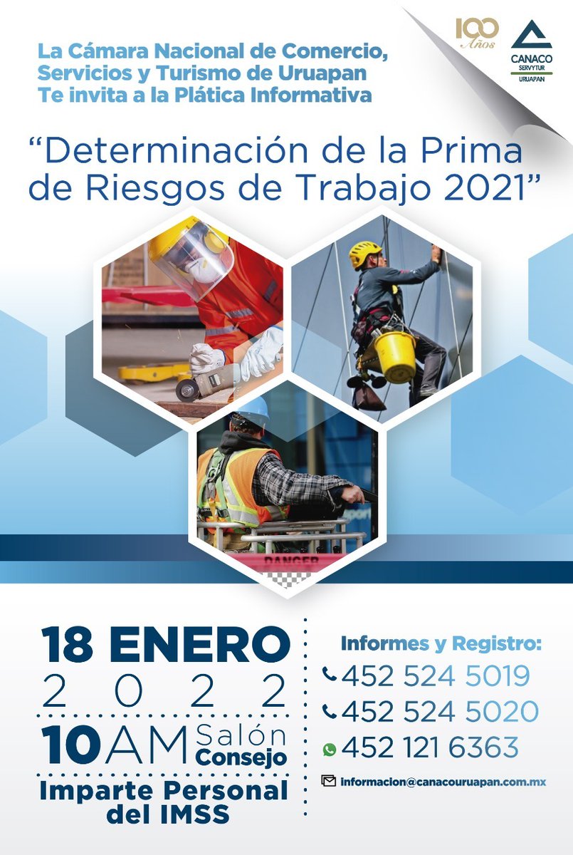CANACOUruapan's tweet photo. Plática Informativa:

Determinación de la Prima de Riesgo de Trabajo.
Martes 18 de enero 2022.
10:00 am.
Salón Consejo (3er. Piso). 
Imparte Personal del IMSS. 
Info: 
Paseo Lázaro Cárdenas #1661 Col. Los Ángeles Cp. 60160. Uruapan, Michoacán, México. 
Tel.(452) 52 450 19 y 20. https://t.co/NMsrX0JnkB