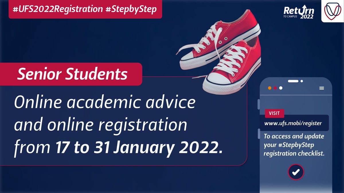 UFSweb's tweet photo. #UFS2022 Online Registration for SENIOR students.
Log in on the PeopleSoft system for self-service enrolment or click on https://t.co/4JnB2zW4aD. Refer to the step-by-step guide on using the online enrolment service.
#2022OnlineRegistration https://t.co/McZBVbQRm7