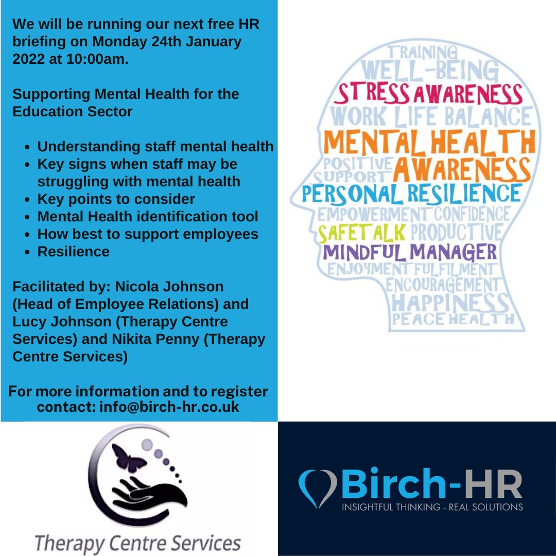BirchHR1's tweet photo. We are delighted to invite our education clients to our next HR Bitesize Briefing (via Zoom) on Monday 24th January at 10:00am.
If you would like to register please contact us at: info@birch-hr.co.uk
#HRConsultancy #SchoolsHR #Education #Mentalhealth #Wellbeing https://t.co/tLFOUDc2KP