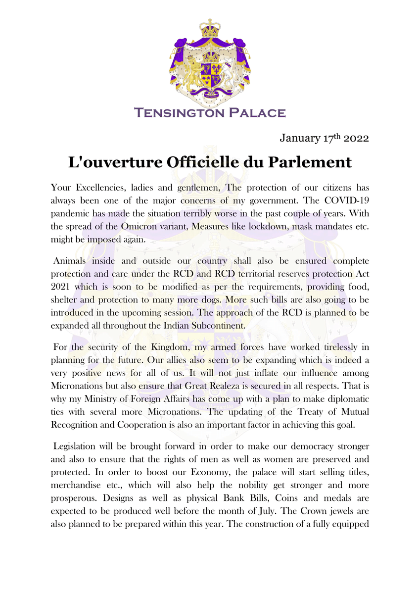 RealezaGov's tweet photo. The King With his Solemn Words has formally declared the First Parliament of Great Realeza open. He has mentioned His Government's plans and agenda for this year in his message. 
The United Kingdom of Great Realeza is ready to achieve great heights!!!

#Micronations #Realeza https://t.co/xTubNzYNTw
