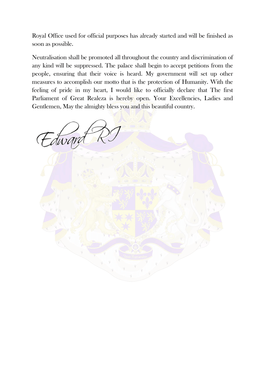 RealezaGov's tweet photo. The King With his Solemn Words has formally declared the First Parliament of Great Realeza open. He has mentioned His Government's plans and agenda for this year in his message. 
The United Kingdom of Great Realeza is ready to achieve great heights!!!

#Micronations #Realeza https://t.co/xTubNzYNTw