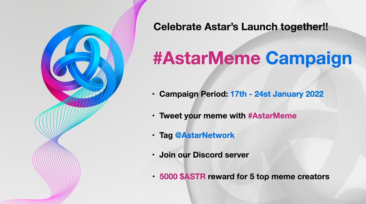 To celebrate our launch, we just started #AstarMeme campaign 🚀

Retweet this post and tweet your meme with  #AstarMeme 💫

We are going to choose 5 winners by the number of ♥️ on Twitter.

📢 Campaign Period: 17th - 24th January 2022. Learn more from 👇
forum.astar.network/t/astar-networ…