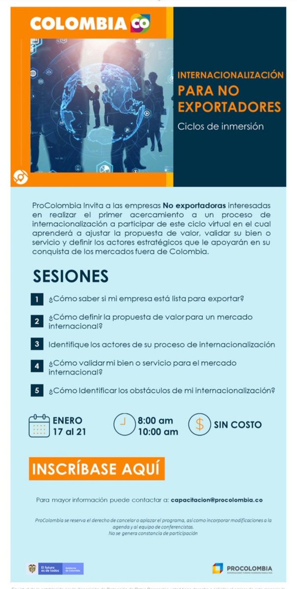 JulianaLpezP1's tweet photo. Iniciamos el 2022 con el pie derecho! Esta semana en @PROCOLOMBIACO nos encontramos reunidos con más de 200 empresarios interesados en tener el primer acercamiento a un proceso de #internacionalización. Para conocer programación 2022 #FormacionExportadora: https://t.co/U0yLOx2Hil https://t.co/BUlpnvQGY6