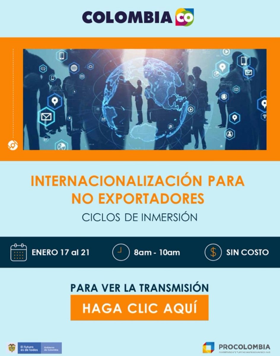 JulianaLpezP1's tweet photo. Iniciamos el 2022 con el pie derecho! Esta semana en @PROCOLOMBIACO nos encontramos reunidos con más de 200 empresarios interesados en tener el primer acercamiento a un proceso de #internacionalización. Para conocer programación 2022 #FormacionExportadora: https://t.co/U0yLOx2Hil https://t.co/BUlpnvQGY6