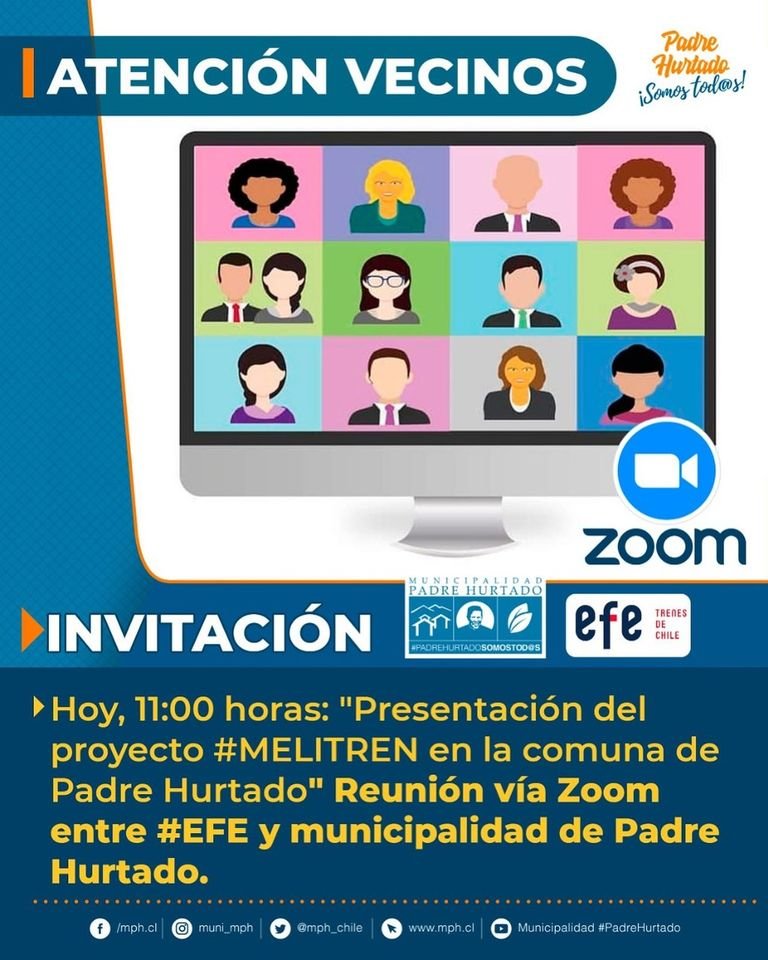 mph_chile's tweet photo. ATENCIÓN VECIN@S 🚆 ⬅️
Vecinas y vecinos desde ⏰11:00 horas en facebook live haremos "Presentación del proyecto #MELITREN en comuna de #PadreHurtado", los invitamos a conectarse para que todas y todos puedan conocer este gran proyecto pcomunal 👏🏻. 🚄
#PadreHurtadoSomosTodos https://t.co/kqcUiX1ccS