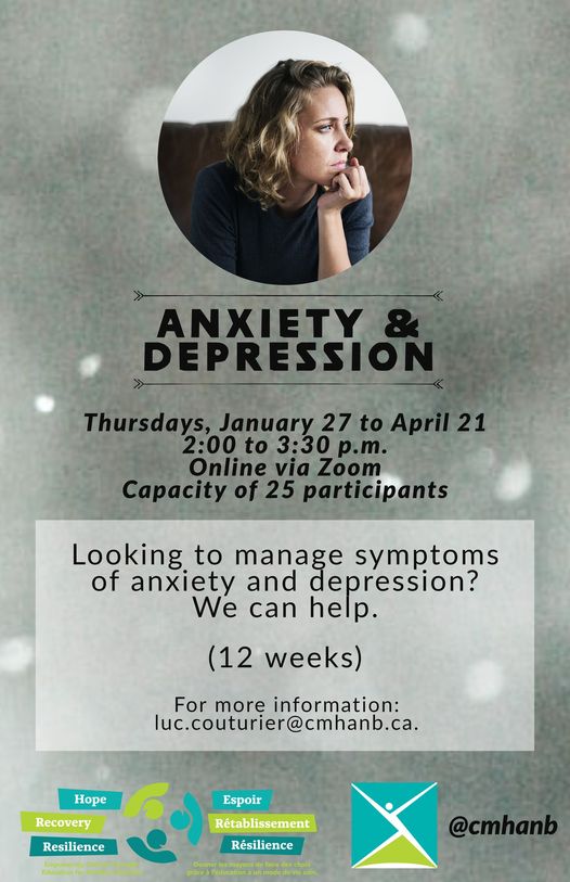 Anxiety &amp; Depression (12 weeks)
Thursday, January 27, 2022 from 2:00 p.m. - 3:30 p.m.
Click here to register: 
us06web.zoom.us/meeting/regist…