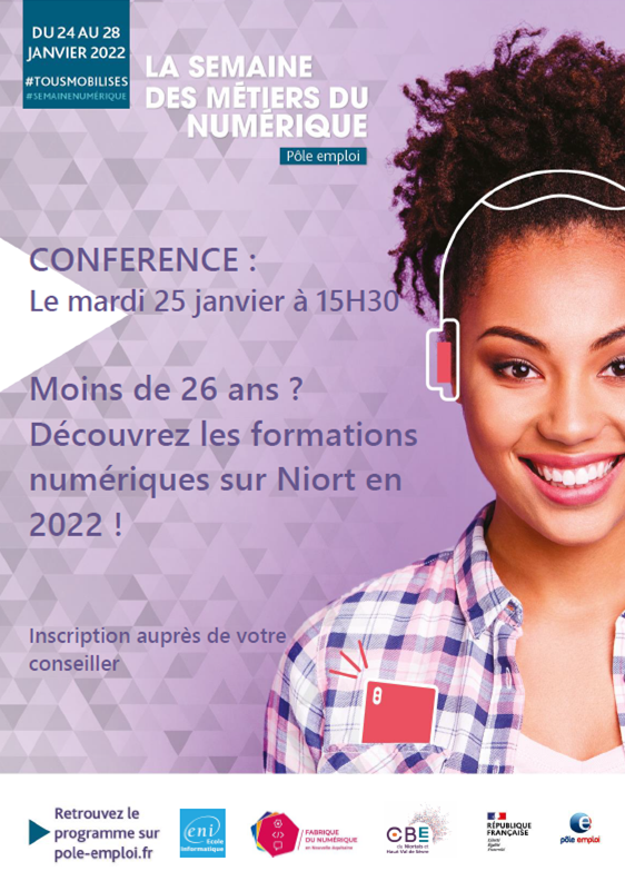 📅💻 Pour la #SemaineNumérique, l'agence Pôle emploi #Niort Trévins propose une conférence en ligne le 25/01 pour découvrir le secteur du #numérique, ses opportunités et ses formations.
Public : moins de 26 ans. Inscription auprès de votre conseiller.
#TousMobilisés #DeuxSèvres